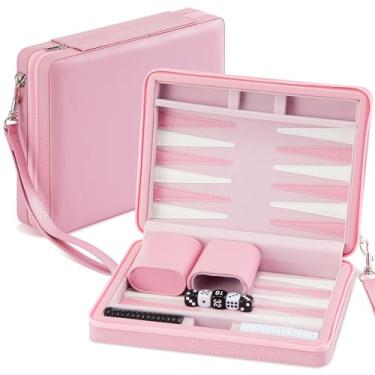 Imagem de Jerify Travel Backgammon Set Board Games for Adults Portable Backgammon Leatherette Case Magnetic Chips Classic Strategy Game for Families Companion Airplane, Camping, Backpacking(Pink)