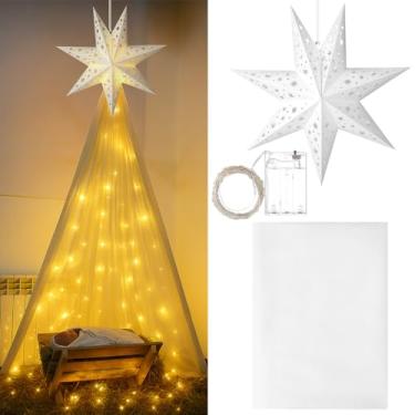 Imagem de Riakrum Conjunto de decoração de Natal de Jesus Presépio de Natal com estrelas, lanterna com véu, para ambientes internos e externos, conjunto de presépio fácil de instalar para gramado, jardim