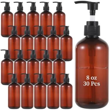 Imagem de Pacote com 30 frascos de plástico âmbar de 227 g, dispensadores de viagem recarregáveis para loção, xampu, sabonete líquido corporal e cremes