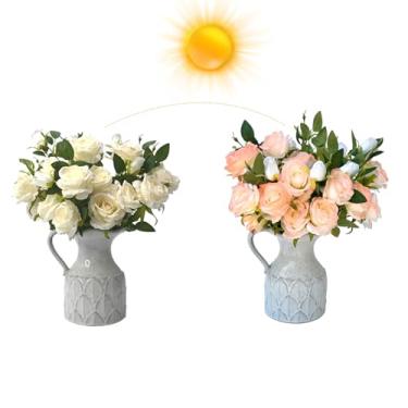 Imagem de 5 peças de buquê falso de rosas de seda – 66 cm de luz solar que muda de cor flores artificiais, haste longa de rosas falsas para arranjos de centro de mesa de casamento, decoração de festa de