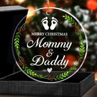 Imagem de Enfeites de Natal para grávidas para pais, enfeite de anúncio de gravidez de bebê para mamãe e papai enfeites de pendurar em acrílico para decoração de árvore de Natal