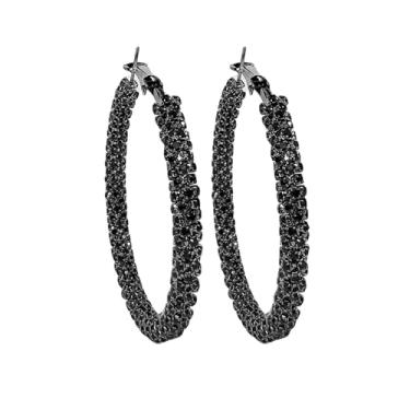 Imagem de Brincos de argola de zircônia cúbica preta para mulheres – argolas ovais grossas banhadas a ouro 14K, joia leve de strass, presente para aniversários e feriados, black cubic zirconia earring, Latão