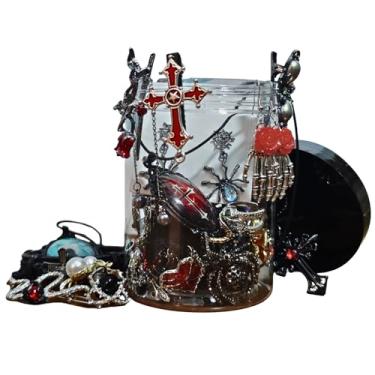 Imagem de YDCYYH Conjunto de joias misteriosas com 35 peças, conjunto de joias góticas, caixa de joias surpresa de Halloween, inclui colares, brincos, anéis, pulseiras, corrente de cintura e broche