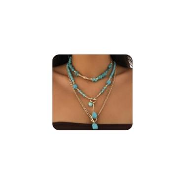 Imagem de Colares de clavícula com contas turquesa ocidental, vintage, colar de corrente em camadas para mulheres, colar com pingente de contas cowgirl, fivela OT, acessório de concerto country, Large, Liga de