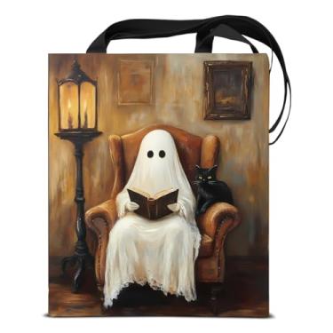 Imagem de KSFFWQIN Sacola de lona gótica escura para mulheres amantes de livros leitura fantasma assustadora vintage reutilizável mercearia bolsa de ombro para compras, trabalho, classe, viagem, estética