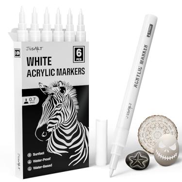Imagem de JusArt Pacote com 6 marcadores permanentes brancos, canetas de tinta acrílica de ponta fina de 0,7 mm para pintura rupestre, projetos de arte, cerâmica, vidro, madeira, metal, tecido, faça você mesmo