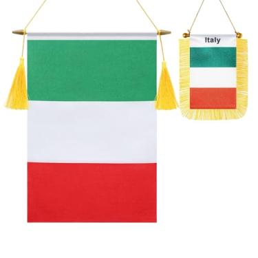 Imagem de Pacote com 2 bandeiras de parede da Itália, mini bandeira italiana pendurada na janela do carro, acabamento acetinado, tecido resistente, bandeiras patrióticas para decoração de espelho retrovisor de
