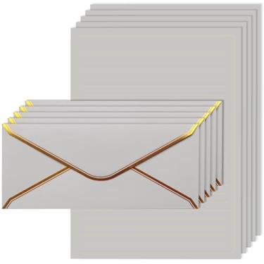 Imagem de J6&H6 Conjunto de papelaria com borda dourada; inclui 12 envelopes de tamanho padrão com borda dourada, perfeitos para cartas comerciais, escritórios da empresa