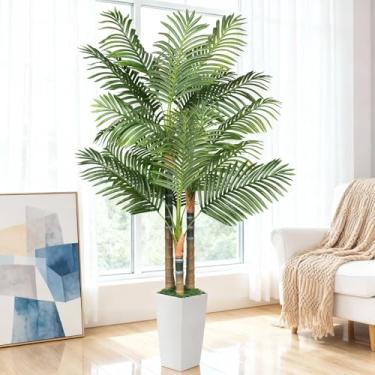 Imagem de Palmeira artificial tripla dourada de 1,8 m de altura, palmeira tropical, resistente a UV, planta falsa em vaso para ambientes internos e externos, sala de estar, fora do pátio, escritório, decoração