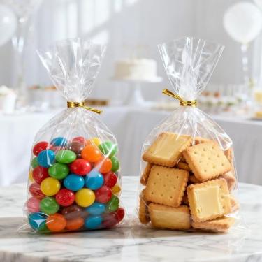 Imagem de 50 unidades de sacos de guloseimas de celofane sacos de presente transparentes 15 x 23 cm com borda dobrada de 6 cm equipada com laços torcidos podem ser selados novamente, adequados para embalagem de