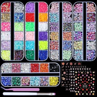 Imagem de Brincos de metal punk 3D em ouro e prata com estrela lua coração triângulo quadrado rebites pedras preciosas joias de arte para unhas com pinça curvada escova de unha e caneta de cera, 5 caixas