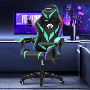 Imagem de Cadeira Gamer RGB Python Fly com Iluminação Decorativa, Encosto Reclinável, Design Ergonômico para Escritório e Jogos (Verde)