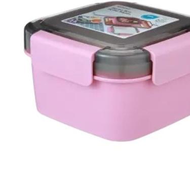 Imagem de Kit Saladeira com 2 Níveis, Pote para Marmita 1,1L em PP, Rosa, com Colher Branca, Divisória Funcional, para Refeições e Lanches