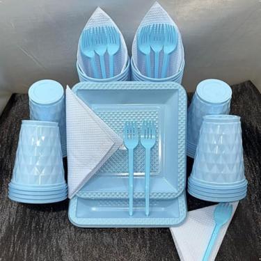 Imagem de Kit Festa Descartável 180 Itens Premium com Pratos Copos Talheres Cores Pastel para Aniversário (Azul Candy)