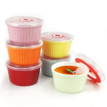 Imagem de Ramequins com tampas de 227 g – Conjunto de 6, ramequins de creme de suflê de cerâmica com tampas, copos de creme coloridos para assar, seguro para forno de ramequins e lavável na lava-louças