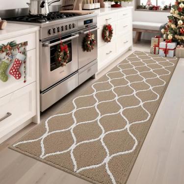 Imagem de COSY HOMEER Tapete de cozinha de 60 x 188 cm, tapetes macios absorventes para cozinha na frente da pia, tapete de cozinha antiderrapante lavável para chão, bege
