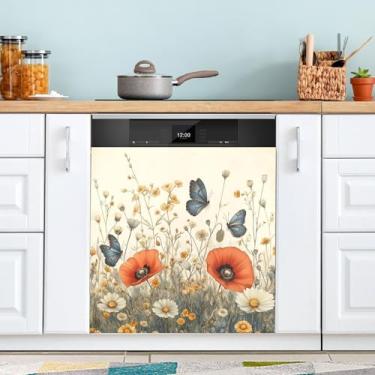 Imagem de ATTX Capa de ímã vintage de flores silvestres para lava-louças, 58,4 cm C x 66 cm A, decoração da capa frontal da máquina de lavar louça, decalques para armários domésticos e eletrodomésticos #19