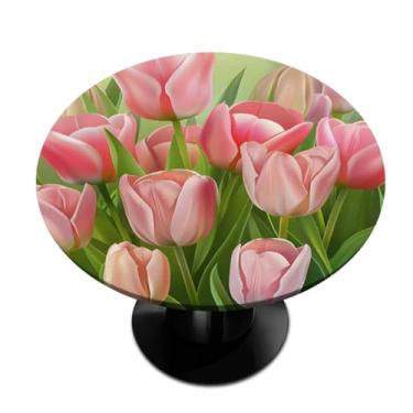 Imagem de hongjinglin Toalha de mesa redonda com borda elástica tulipas flor retrosmall toalha de mesa redonda limpa para decoração de cozinha e pátio interno ao ar livre para mesas de 91 a 106 cm