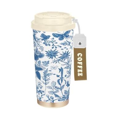 Imagem de SEHANY Caneca de viagem de pássaro de flor branca azul 482 g Copos de café reutilizáveis revestidos de cerâmica com tampa à prova de vazamento, parede dupla, isolamento a vácuo, copo de café de aço