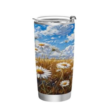 Imagem de Blueangle Copo de 590 ml com tampa e canudo, copo de café com água isolada a vácuo de aço inoxidável, margaridas brancas, caneca de viagem, copo térmico para bebidas quentes e frias (326)