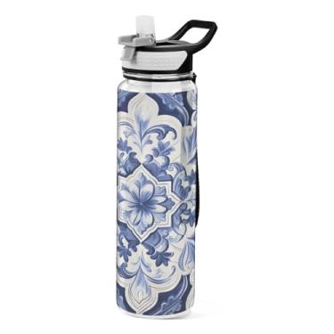 Imagem de ATTX Garrafa de água azul vintage azulejos, 946 ml, à prova de vazamento e livre de BPA, garrafas de água reutilizáveis de plástico Tritan para viagens, academia, corrida, fitness #52