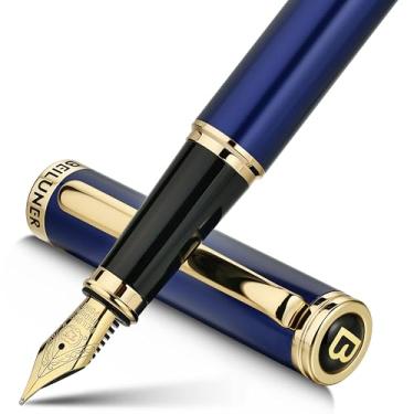 Imagem de BEILUNER Caneta-tinteiro azul, canetas de luxo deslumbrantes com acabamento em ouro 24K, linda ponta dourada 24K (extrafina), caneta de presente confiável para homens e mulheres - conversor de tinta