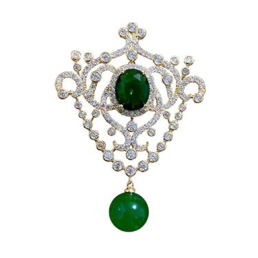 Imagem de Kokoma Broche de cristal estilo palácio vintage para mulheres, pedra central verde esmeralda e bola pendurada broche de lapela distintivo de banquete corpete acessório de moda joias