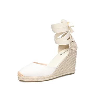 Imagem de TONIVIS Espadrilles plataforma plataforma, anabela de 7,62 cm, tira macia no tornozelo, bico fechado, sandálias clássicas de verão, Off White - 3" Heel, 7.5