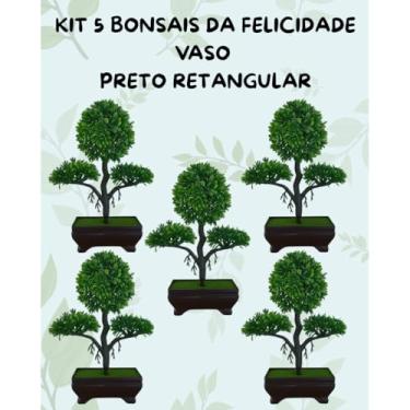 Imagem de Genérico, Kit 5 Bonsais Artificiais Felicidade Vaso Preto Retangular – Mini Natureza em Estilo Oriental