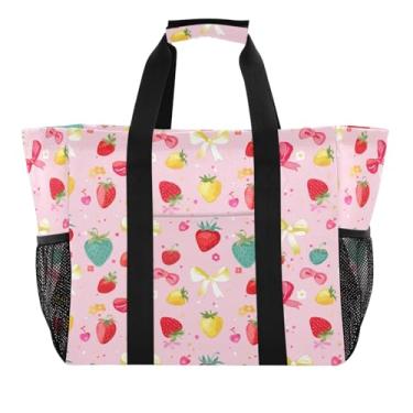 Imagem de Wassud Sacolas de compras reutilizáveis de morangos coloridos grande bolsa organizadora de lona impermeável para praia, piquenique, lavanderia, viagem