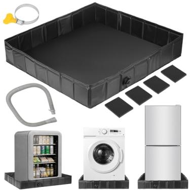 Imagem de Panela dobrável para máquina de lavar, 80 x 80 x 12 cm, panela de drenagem com tubo de drenagem e 4 peças de almofada antivibração, bandeja de lavagem para proteção do chão, portátil, à prova de
