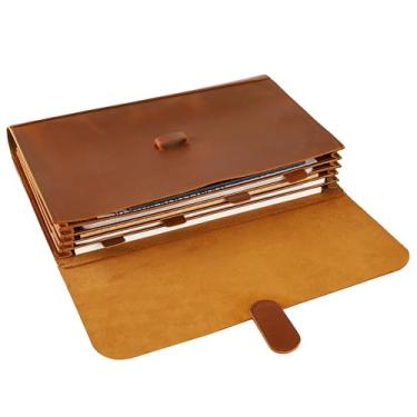 Imagem de Pasta de arquivo de couro genuíno, organizador de arquivos acordeão, suporte de documentos de couro, retomar fólio para homens e mulheres - marrom