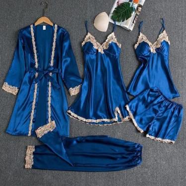 Imagem de Conjunto De Pijamas De Luxo Feminino Em Cetim 5 Peças Com Renda, Robe,