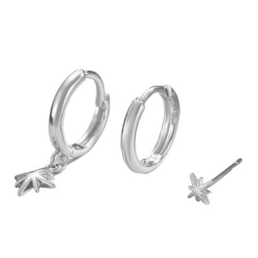 Imagem de FLORA Conjunto de brincos com pingente de estrela de oito pontas brincos de pino brincos de argola conjunto de três peças para mulheres moderno e versátil (Prata)