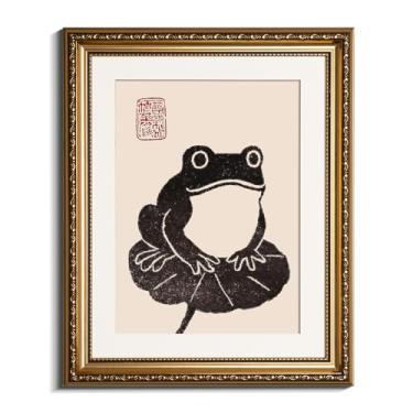 Imagem de InSimSea Arte emoldurada a ouro, arte de parede com estampa de sapo estilo asiático de 40,6 x 33 cm – Ilustração minimalista de bloco de tinta em folha de lótus, arte natural emoldurada para sala de