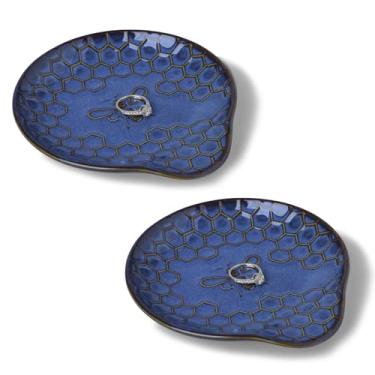 Imagem de GDCZ Bandeja de joias de cerâmica, prato decorativo de 13,5 cm, bandeja de joias personalizada com padrão, presentes para amigos, irmãs e mulheres, conjunto de 2 (azul)