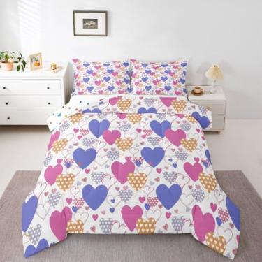 Imagem de jejeloiu Jogo de cama kawaii com corações fofos, tamanho solteiro, para crianças, meninos, meninas, estampa de amor, rosa, roxo, edredom para decoração de quarto de microfibra, 2 peças com 1 fronha