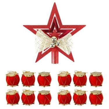 Imagem de Estrela Topo Árvore Natal Dourada Vermelha Brilho + 12 Enfeites Mini T