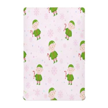 Imagem de Qilmy Lençóis de berço de Natal com estampa de elfos festivos, de microfibra macia, respirável, elástico, lençol com elástico para meninos e meninas, miniberço, 132 x 71 cm, capa de colchão infantil