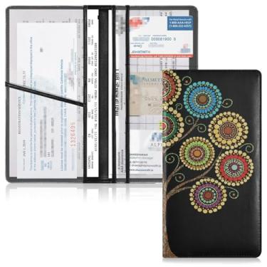 Imagem de Qilmy Boho Art Tree Suporte de registro e seguro de carro de couro PU para documentos de veículo porta-luvas organizador com compartimentos para cartão de PVC transparente para cartões de