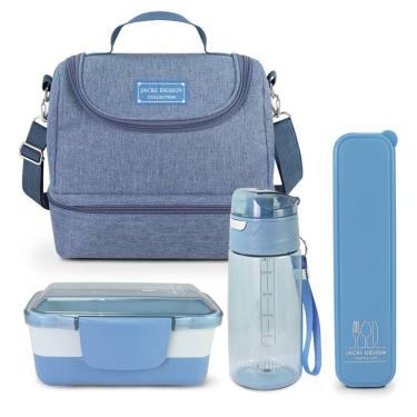 Imagem de Kit Bolsa Térmica Pote Marmita 950ml Garrafa 550ml E Porta Talheres Joy Azul