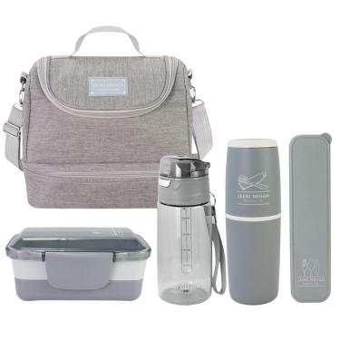 Imagem de Kit De Bolsa Térmica 2 Compartimentos, Marmita E Garrafa, Porta Talher E Porta Escova Cinza