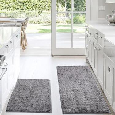 Imagem de Lyrow Conjunto de 2 tapetes de cozinha e tapetes de chenille, espesso, macio, absorvente, tapete de microfibra de secagem rápida, lavável para cozinha, corredor, escritório, pia, lavanderia, banheiro
