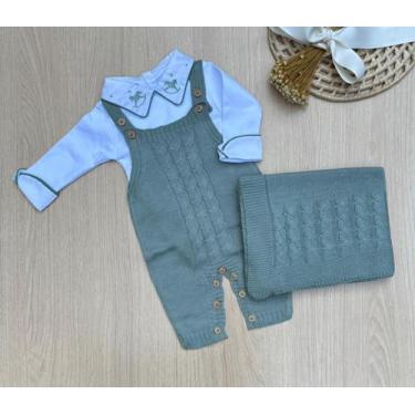 Imagem de Saída Maternidade Menino Cavalinho Tricot Premium 3 Peças Jardineira +