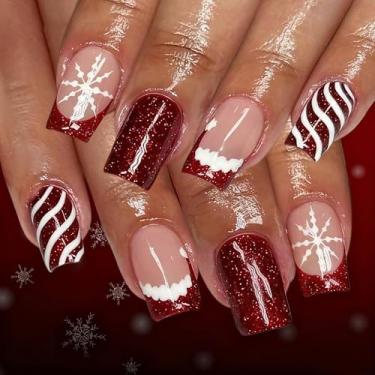Imagem de Unhas postiças de Natal, 24 peças de unhas postiças de Natal, quadradas curtas, vermelhas, ponta francesa, floco de neve, glitter, cola nas unhas com design de árvores de Natal prateadas, unhas