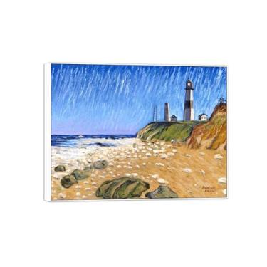 Imagem de David Burliuk Famosas impressões em tela de arte de parede prontas para pendurar. Farol na costa. Pintura com moldura branca para decoração de sala de estar 50 x 65 cm 20 x 26 pol