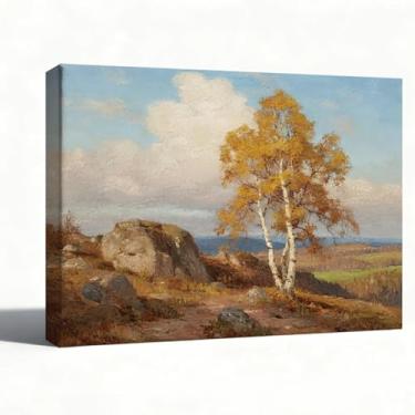 Imagem de Arte de parede em tela de paisagem de bétula dourada, impressão de pintura a óleo vista da montanha, decoração de parede rústica para sala de estar quarto escritório, pronto para pendurar, exibição de