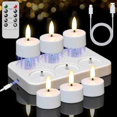 Imagem de KunSwenn Luzes de chá recarregáveis, operadas a pilha, 6 peças de luzes brancas de chá com controle remoto e base de carregamento, luzes de LED cintilantes para decorações de mesa de Natal