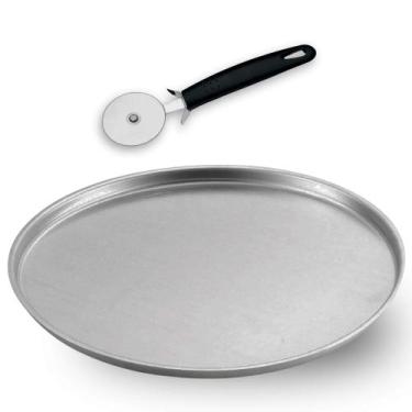 Imagem de Kit Forma de Pizza Lisa 30cm Alumínio Cortador de Pizza Brinox Linha A