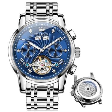 Imagem de OLEVS Relógios automáticos masculinos para negócios, relógio mecânico, aço inoxidável, impermeável, corda automática, clássico, diamante, esqueleto, relógio de pulso masculino, 7088 - azul prateado